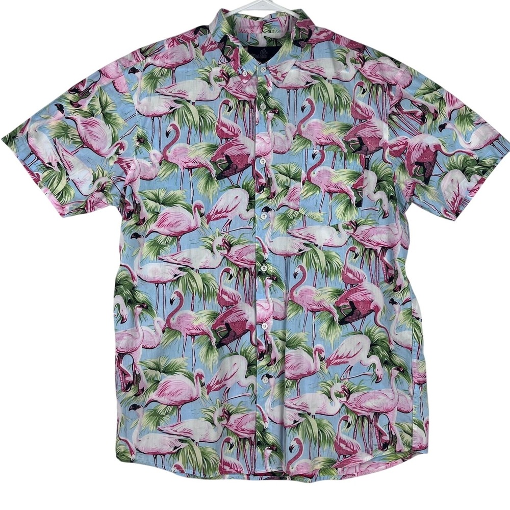 Molokai Surf Co. Button Down Shirt Mens XXL Flamingo Palm Tropical Print Blue